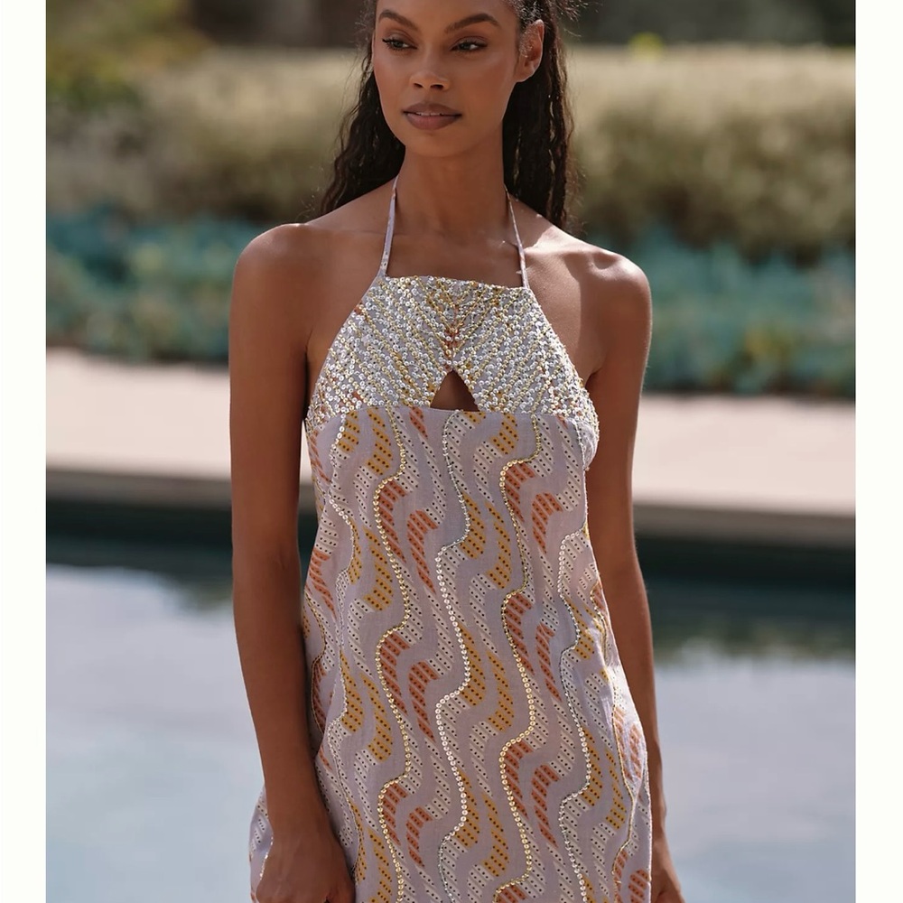 Anthropologie (Celandine) Linen and Sequin Halter Dress